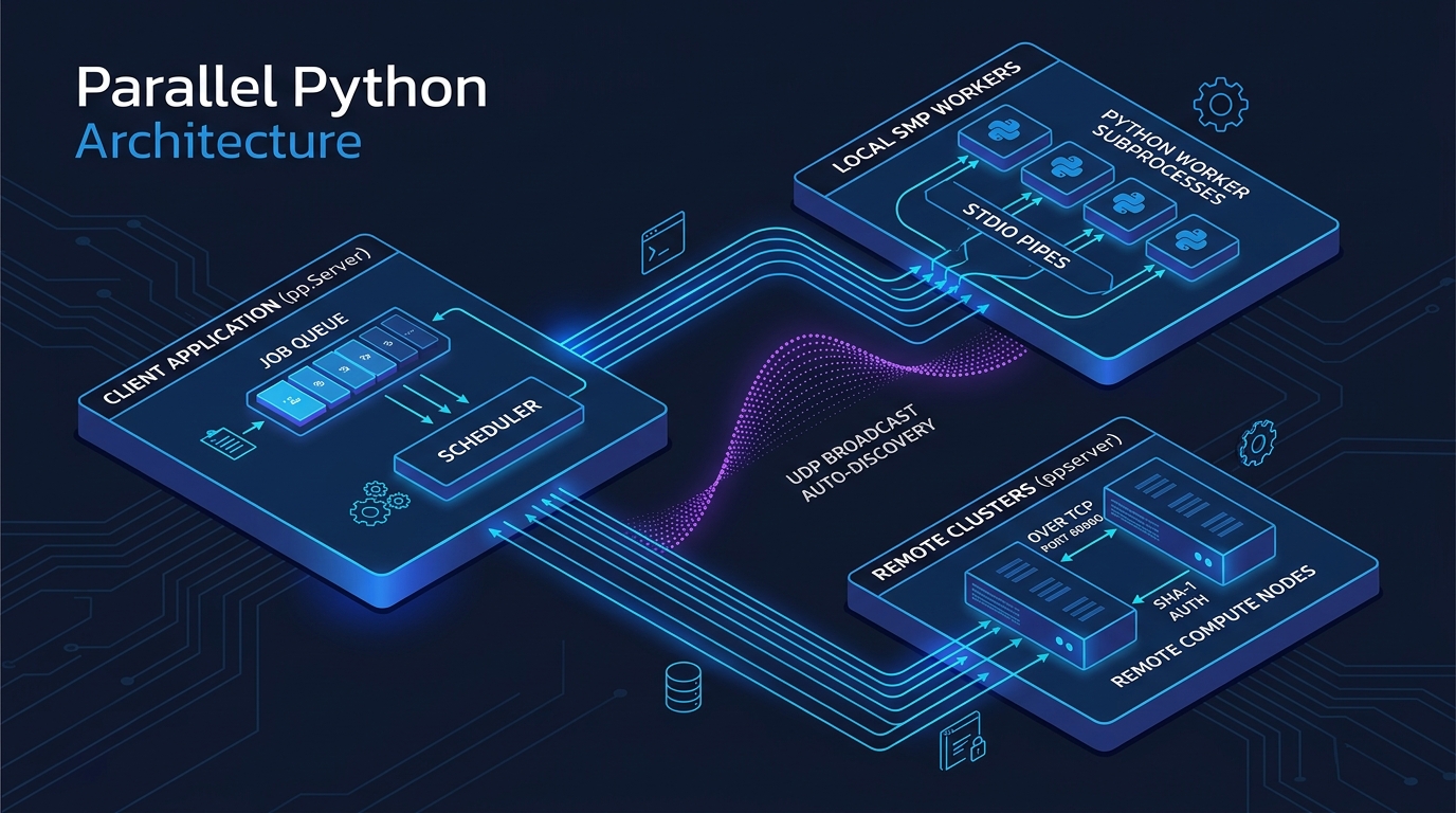 Isometric architecture diagram of Parallel Python showing Client Application with Job Queue and Scheduler dispatching tasks to Local SMP Workers via stdio pipes and Remote Clusters via TCP with SHA-1 auth and UDP auto-discovery